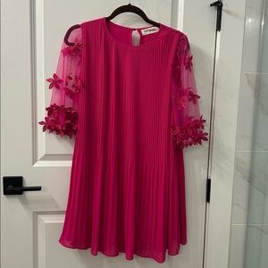 Impressions Fuchsia Pleated Dress with Floral Mesh Sleeve NWT